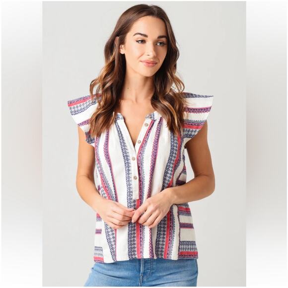 Xirena Top Womens XS Cream Cali Emi Striped Flutter Sleeve Boho Button Up Cotton - Picture 1 of 8